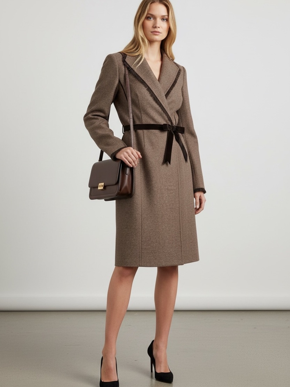 Liz Claiborne Dresses Atelier textured tweed wrap-style coat dress Brown 4